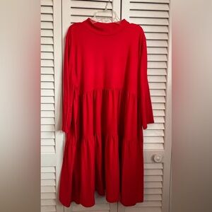 Carole Christian Bright Red Long-Sleeve Tiered Midi Dress